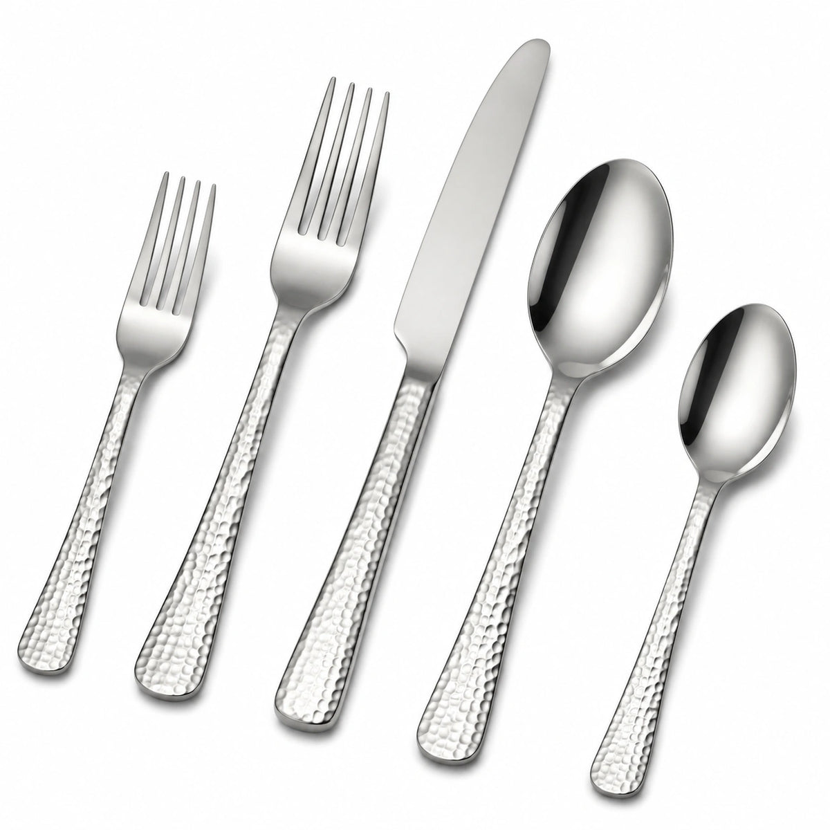 Besteckset 5-teilig Edelstahl Silber mit gehämmerten Griffen