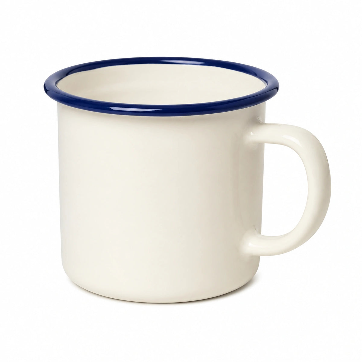 Emaillebecher 350 ml aus Metall cremeweiß blau mit Henkel klassisch