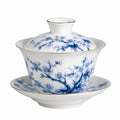Porzellan Gaiwan 150 ml Weiß Blau mit Goldrand für Teezeremonie