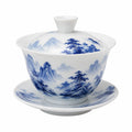 Gaiwan Teeschale 150 ml aus Porzellan Blau Weiß mit Landschaftsmuster