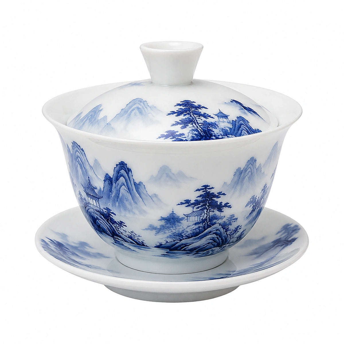 Gaiwan Teeschale 150 ml aus Porzellan Blau Weiß mit Landschaftsmuster
