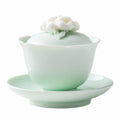 Gaiwan Teetasse 120 ml Porzellan Mintgrün mit Deckel Untertasse und Blütendekor