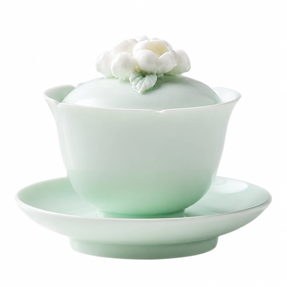 Gaiwan Teetasse 120 ml Porzellan Mintgrün mit Deckel Untertasse und Blütendekor