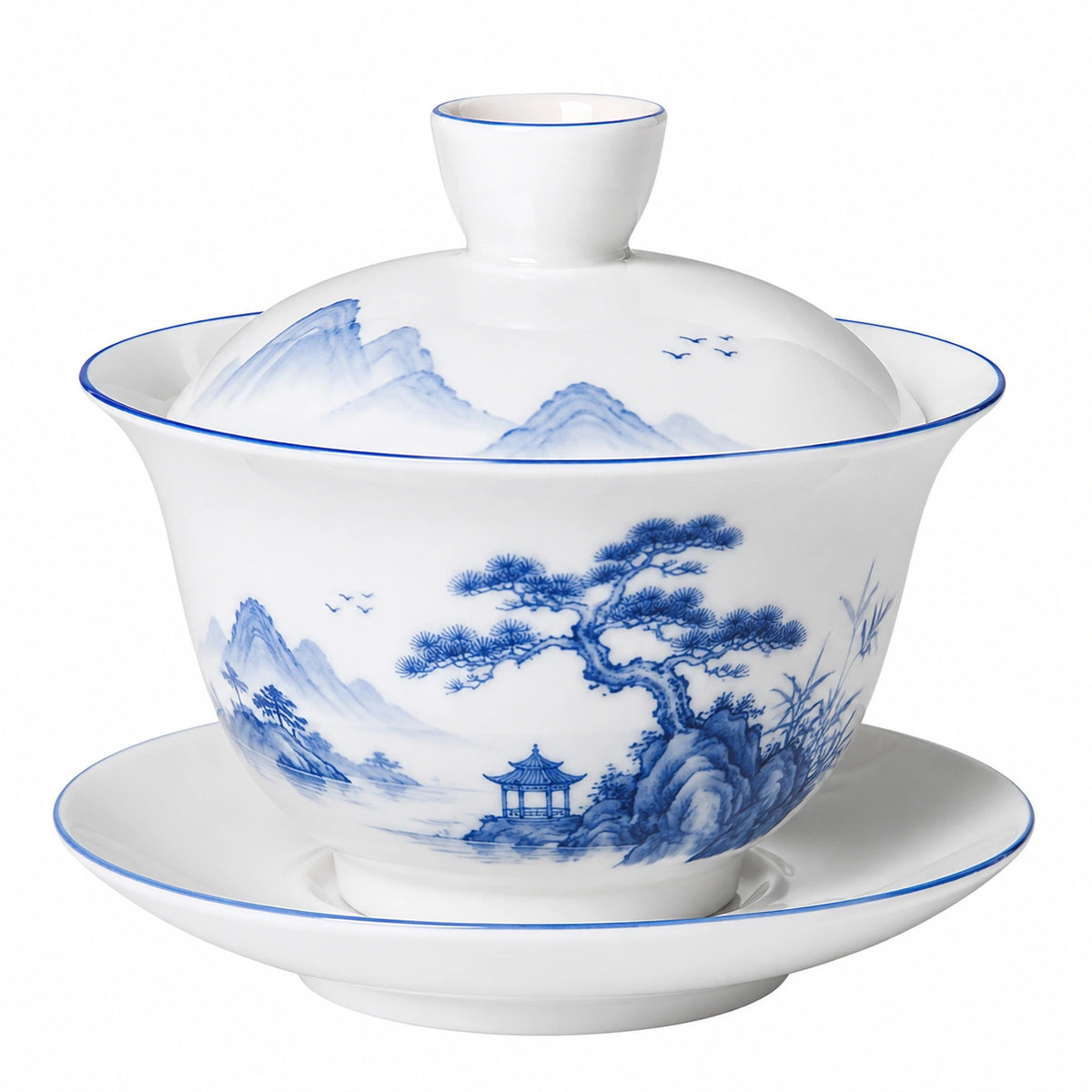 Teeschale mit Deckel 180 ml 12 cm Porzellan Weiß Blau Landschaftsmotiv