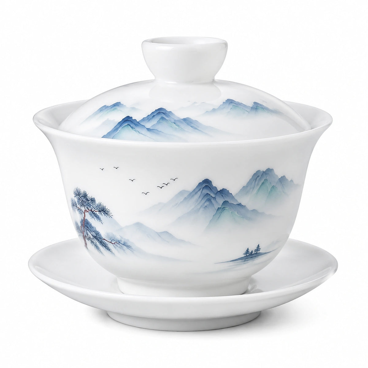 Porzellan Gaiwan Teeschale 180 ml Weiß Blau mit Bergmotiv und Deckel