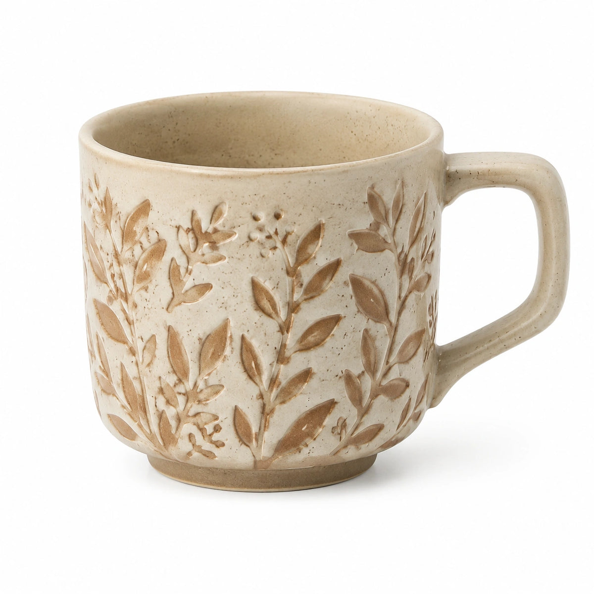 Keramiktasse 400 ml 9 cm Beige mit Blätterrelief für Heißgetränke