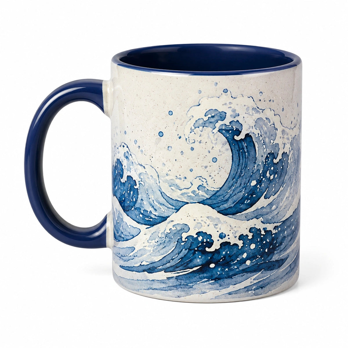 Keramiktasse 350 ml in Weiß Blau mit Wellenmotiv für Heißgetränke