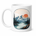 Kaffeebecher 330 ml aus weißer Keramik mit Bergsee Motiv für Heißgetränke
