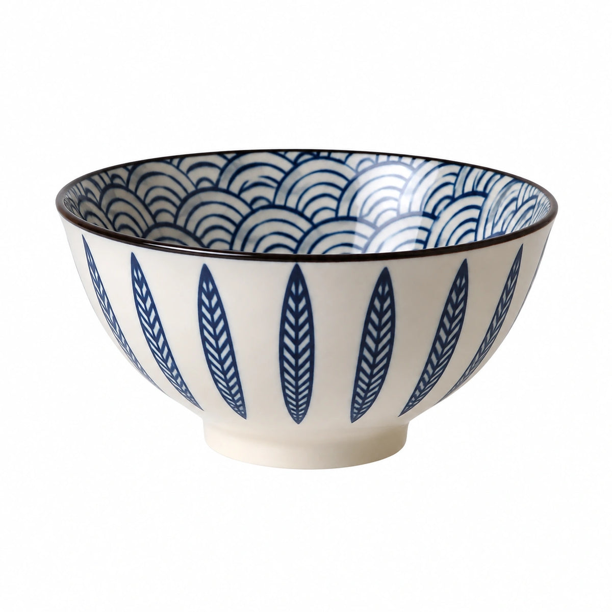 Keramikschüssel 15 cm Weiß Blau mit Blattmuster für Müsli und Snacks