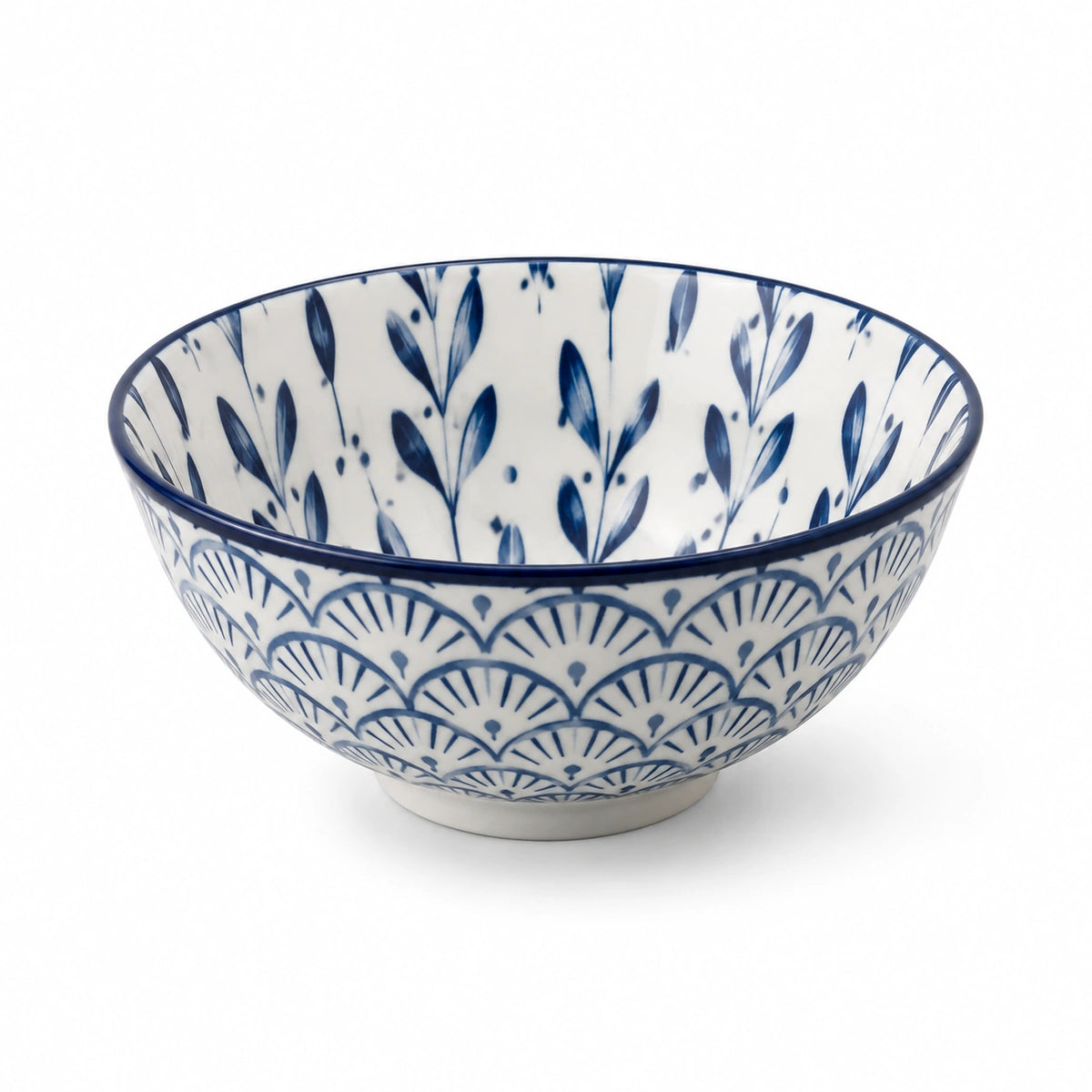 Servierschüssel 18 cm aus Keramik in Weiß Blau mit Pflanzenmuster - rund glasiert