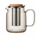 Teekanne 1.20 L aus Glas mit Edelstahlfilter und Holzdeckel gerippt