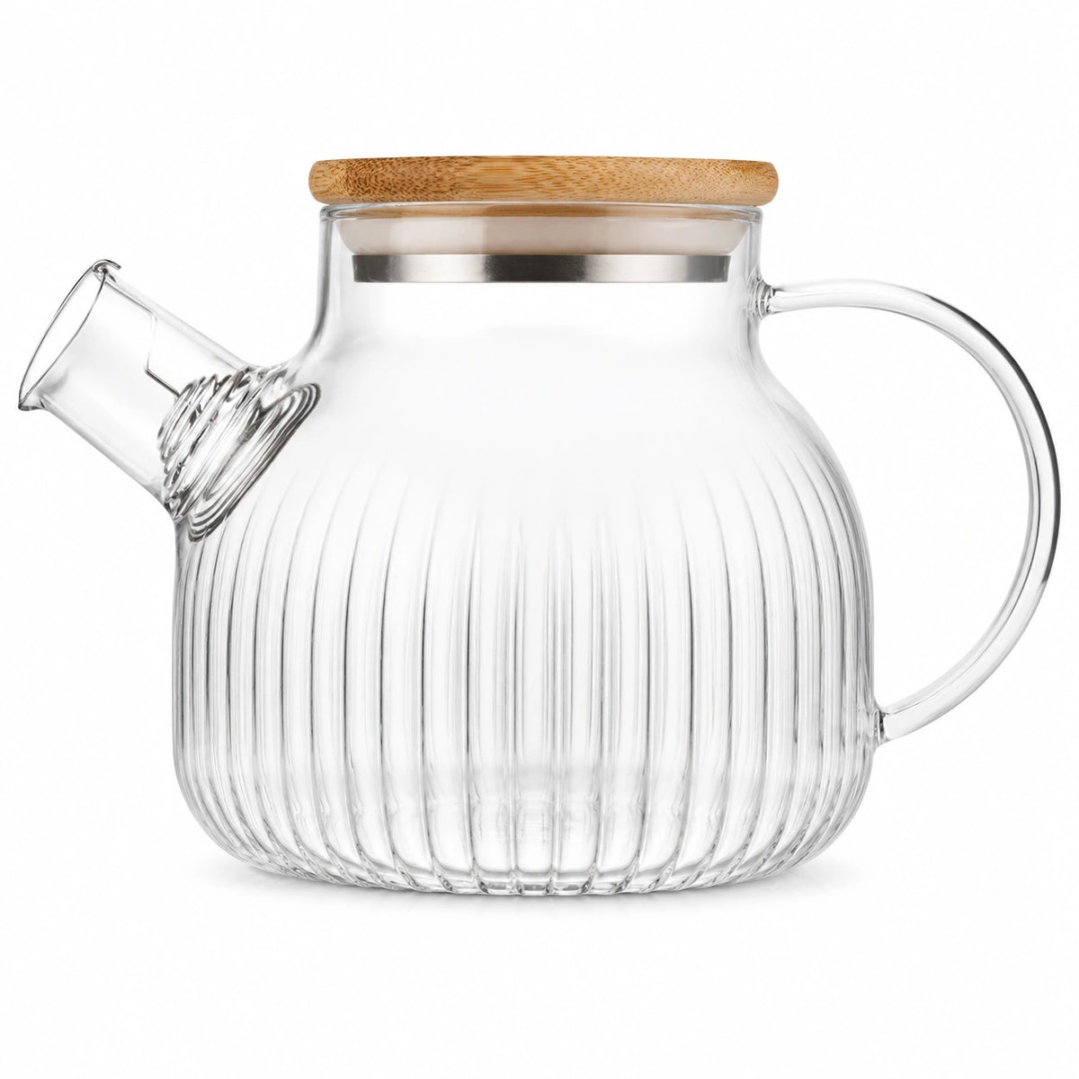 Glas Teekanne 1.20 L mit Edelstahlfilter und Bambusdeckel transparent geriffelt