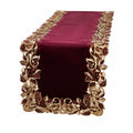 Tischläufer 180 x 33 cm bordeauxfarbener Stoff mit goldfarbener Spitzenbordüre floral