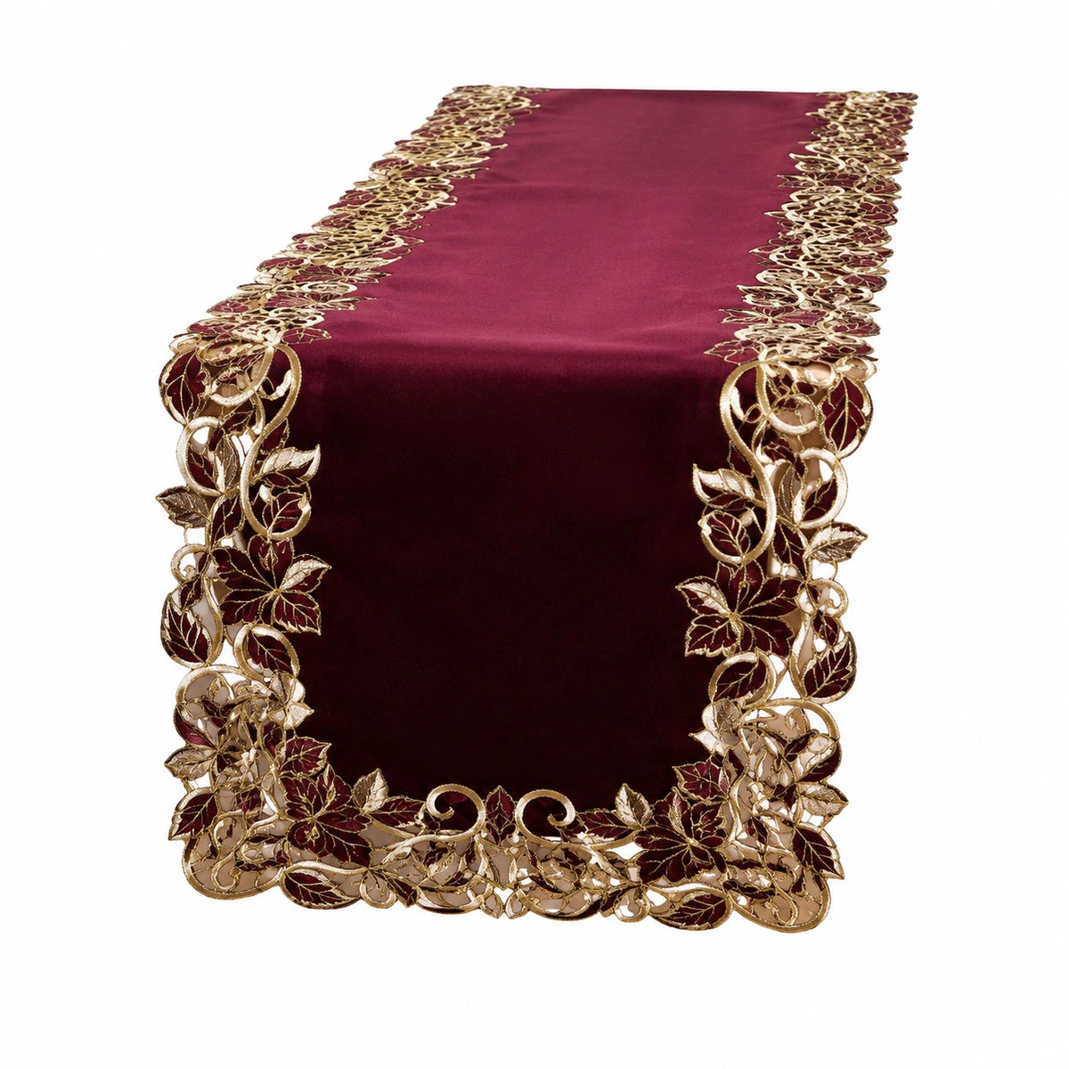 Tischläufer 180 x 33 cm bordeauxfarbener Stoff mit goldfarbener Spitzenbordüre floral